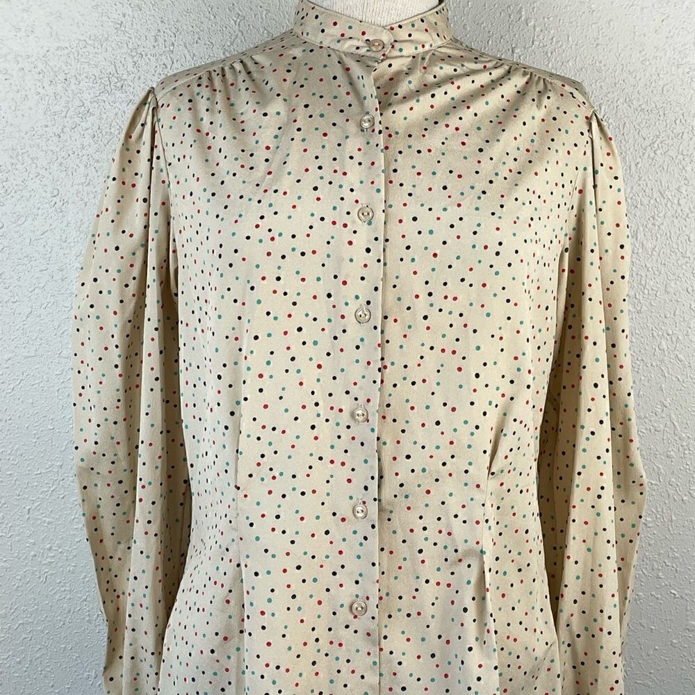 Vintage Panter Womens Tan Polka Dot Button Down Blouse Long Sleeve Size 13/14